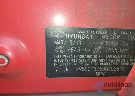 2003 Hyundai Santa Fe Gls/Lx from USA, damaged, VIN KM8SC13D53U493879